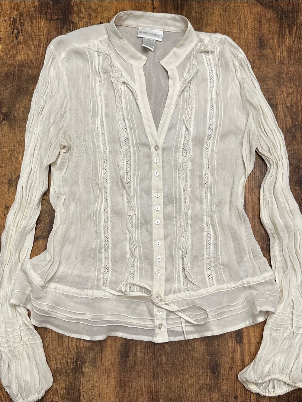 Worthington Cream Lightweight Lace-Trim Button Down Blouse Medium
